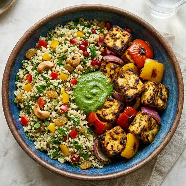 Panner Tikka Bowl With Cilantro Quinoa Pilaf And Green Chutney